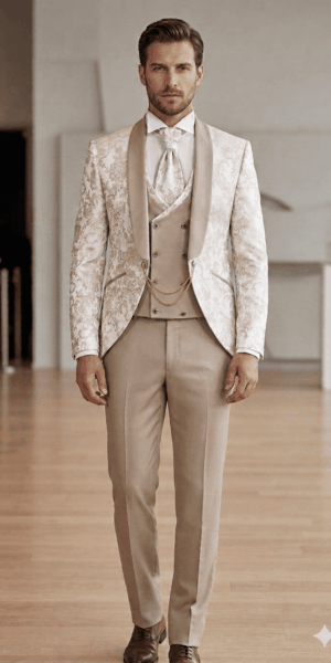 Costume marié beige col mao