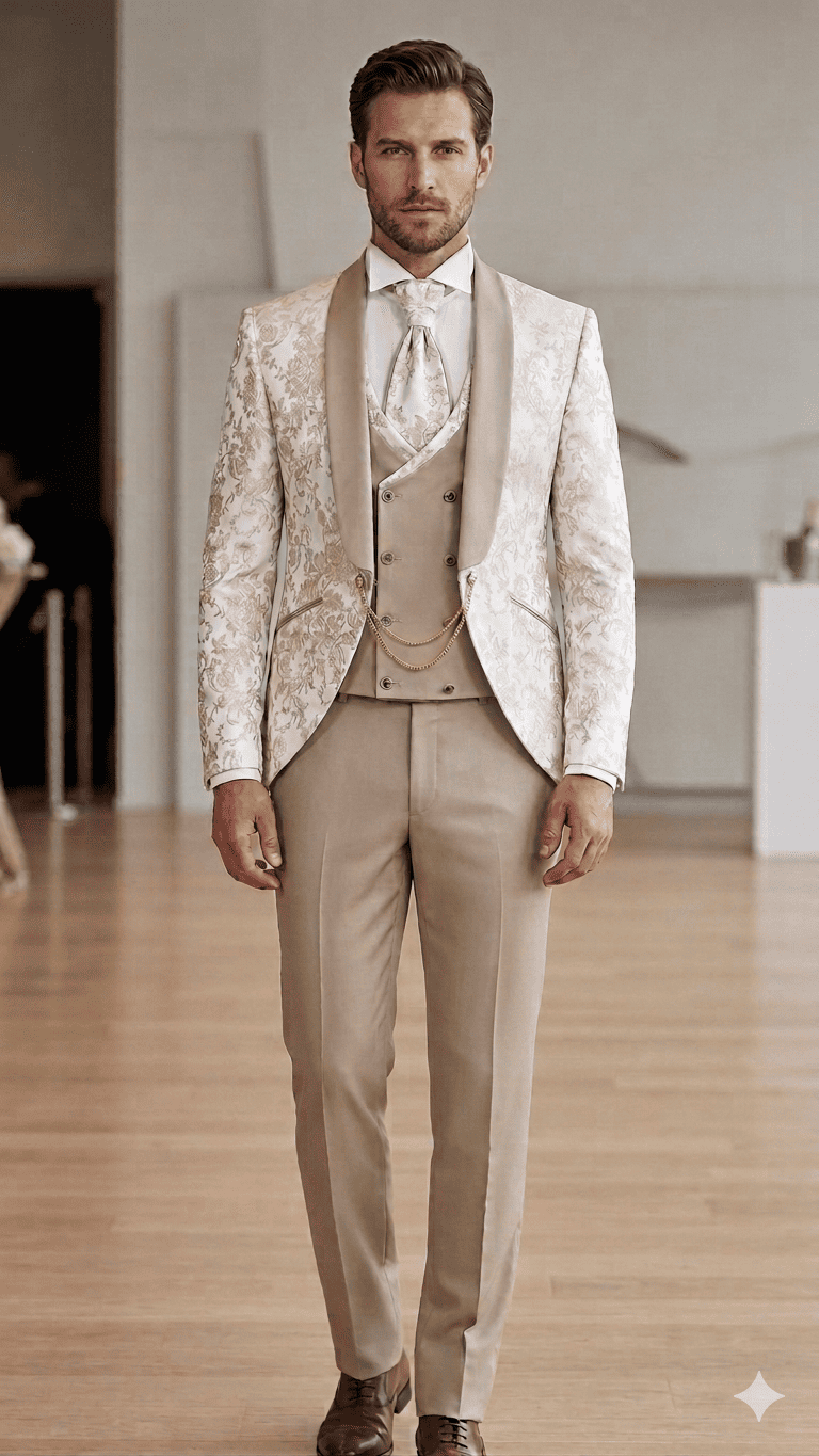 Costume marié beige col mao