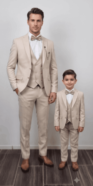 Duo père et fils portant un costume de mariage trois pièces beige élégant, style assorti.