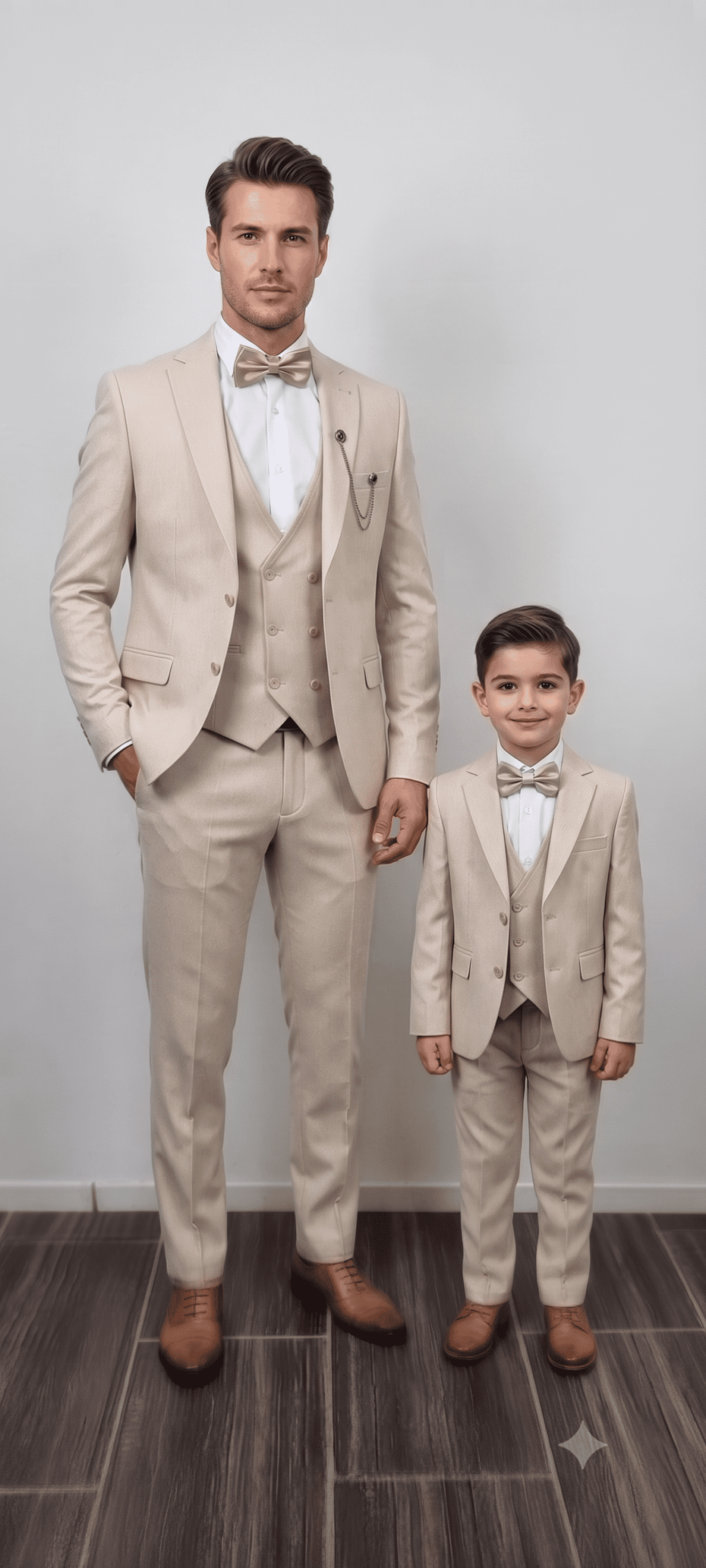 Duo père et fils portant un costume de mariage trois pièces beige élégant, style assorti.