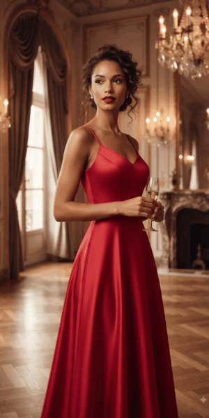 Robe de demoiselle d'honneur longue en satin rouge avec bretelles fines et coupe évasée, vue de face, collection Keya Mariage Mulhouse.