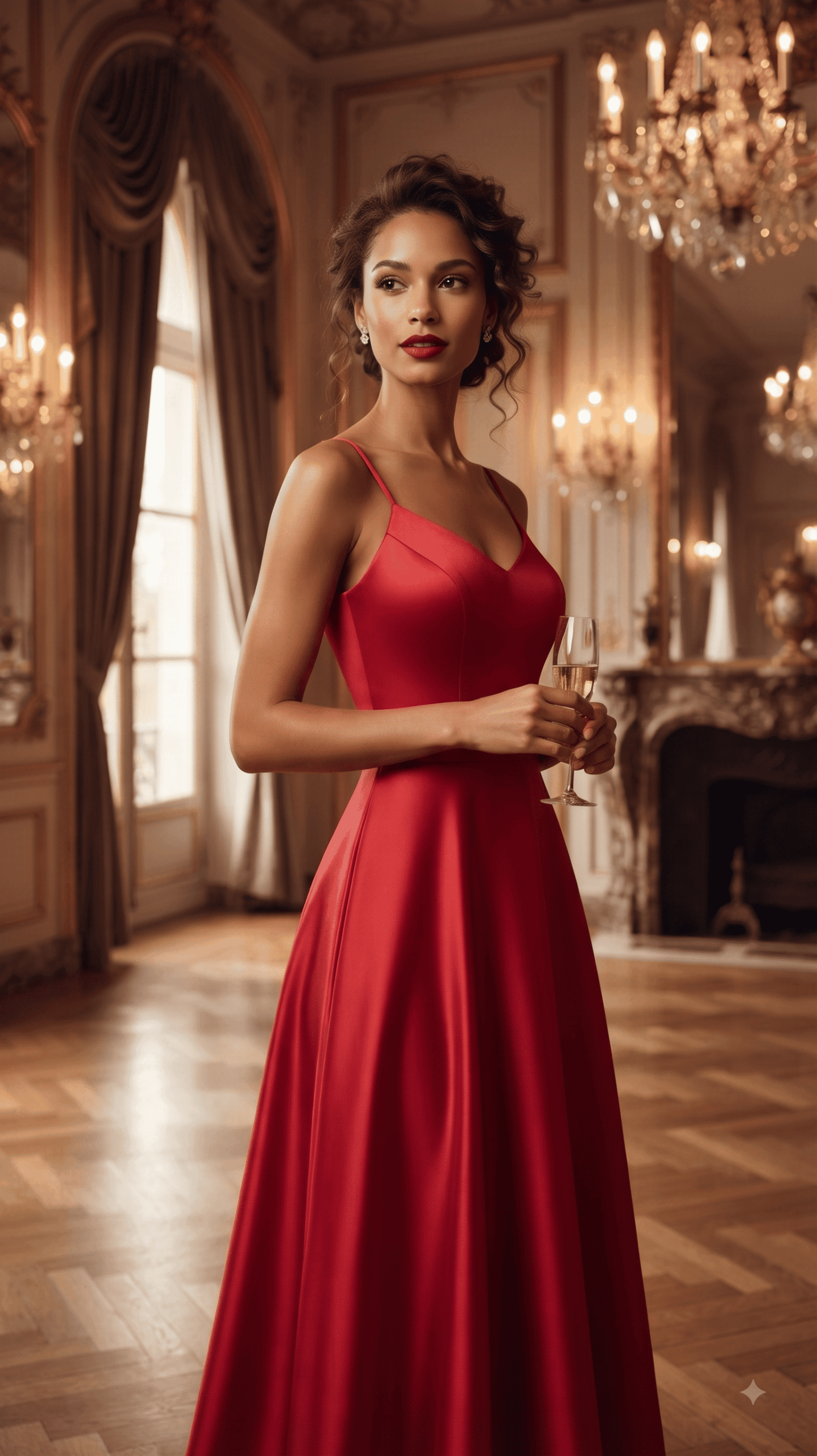 Robe de demoiselle d'honneur longue en satin rouge avec bretelles fines et coupe évasée, vue de face, collection Keya Mariage Mulhouse.
