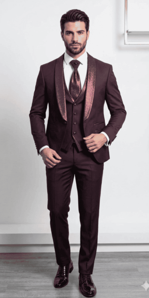 Costume homme col satiné brillant bordeaux chez Keya mariage Mulhouse