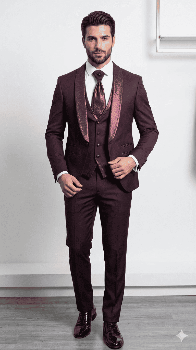 Costume homme col satiné brillant bordeaux chez Keya mariage Mulhouse
