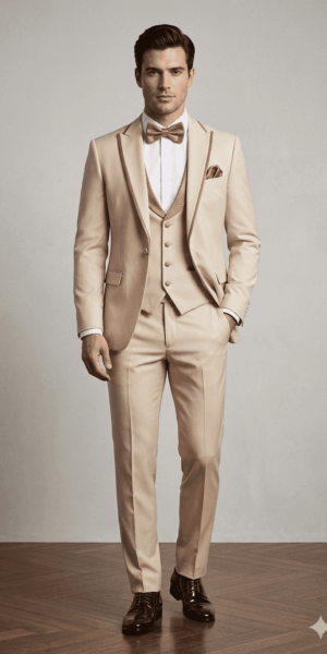 Costume beige clair à détails brillants chez Keya Mariage Mulhouse