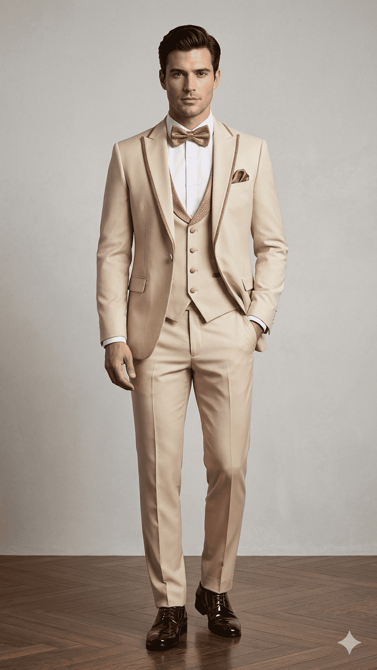 Costume beige clair à détails brillants chez Keya Mariage Mulhouse