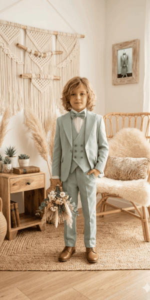 Petit garçon portant un élégant costume enfant vert menthe, tenue de cérémonie complète avec gilet et nœud papillon.