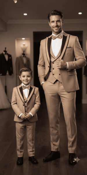 Costume de Marié 4 Pièces Camel à Revers Noir collection père et fils chez Keya mariage Mulhouse