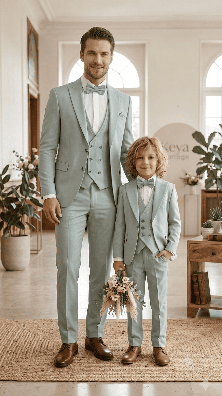 Costume de cérémonie homme vert menthe assorti avec le costume enfant - Keya mariage Mulhouse