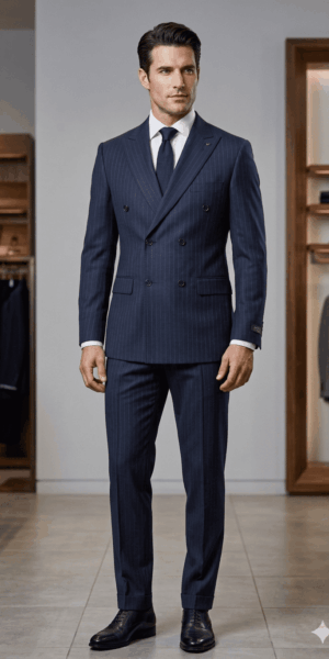 Costume croisé bleu marine à rayures chez Keya Mariage Mulhouse