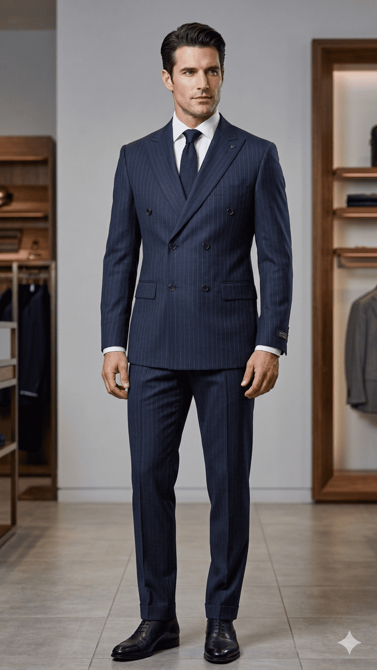 Costume croisé bleu marine à rayures chez Keya Mariage Mulhouse