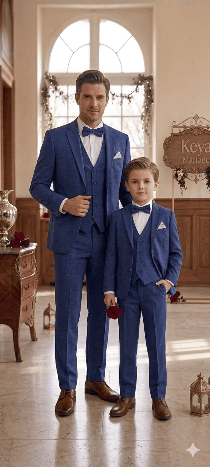 Costume homme père et fils bleu roi chez Keya mariage Mulhouse