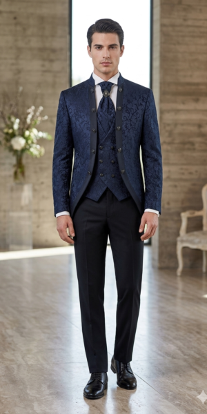Costume de mariage bleu marine baroque - style royal 4 Pièces chez Keya mariage Mulhouse
