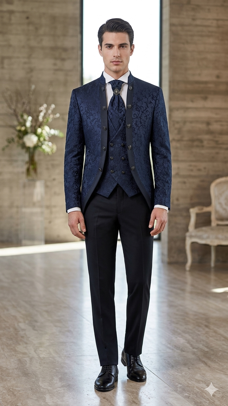 Costume de mariage bleu marine baroque - style royal 4 Pièces chez Keya mariage Mulhouse