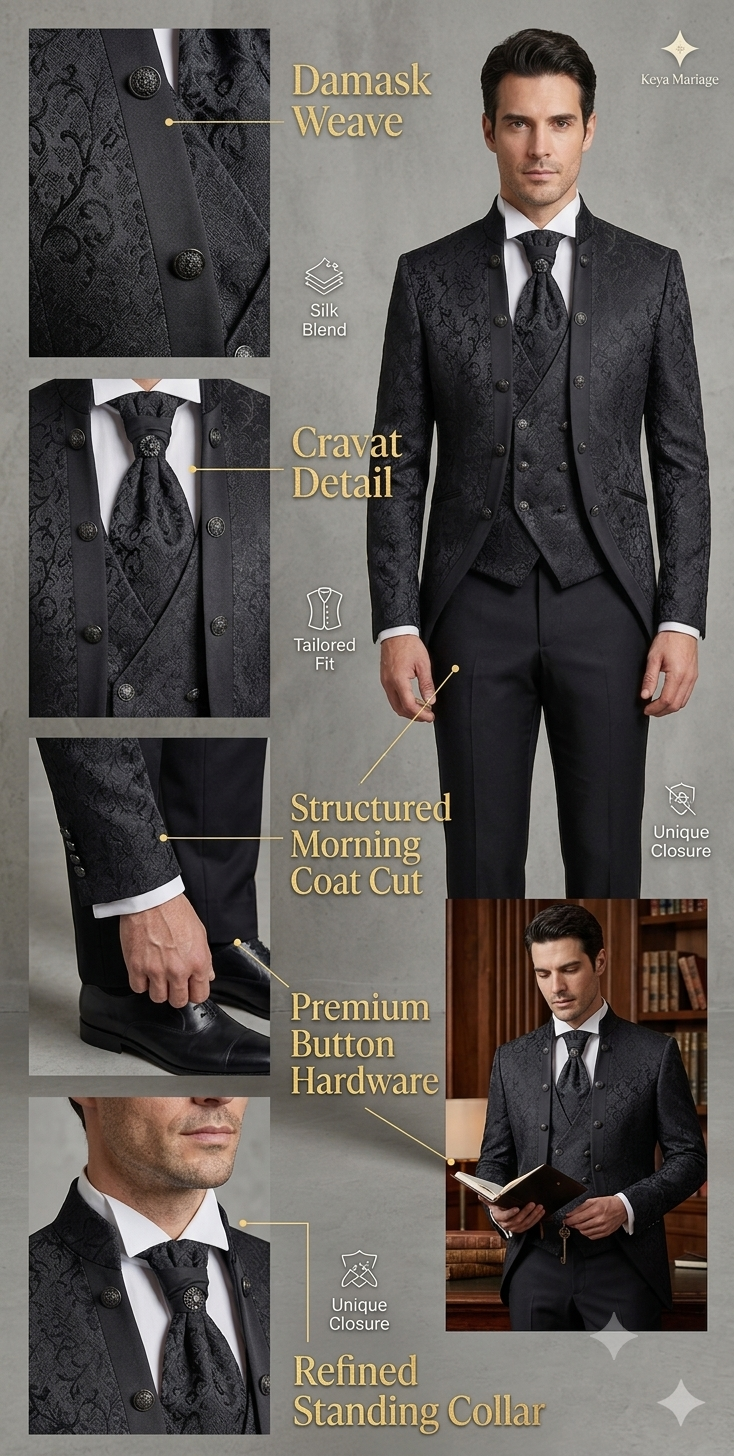 Costume de mariage noir à motif baroque - col mao chez Keya mariage Mulhouse