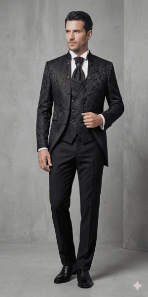 Costume de Mariage Noir à motif baroque - Col mao chez Keya mariage Mulhouse