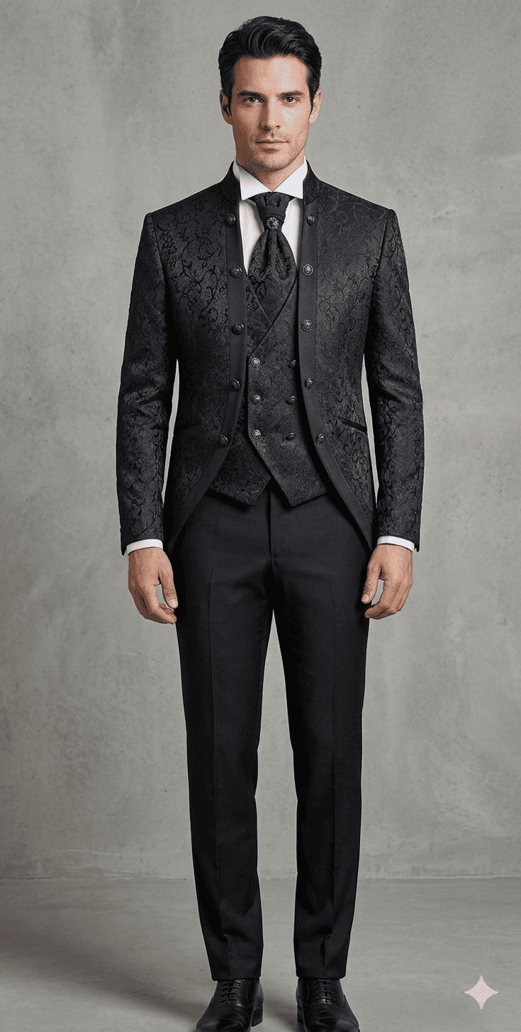 Costume de Mariage Noir à motif baroque - Col mao chez Keya mariage Mulhouse