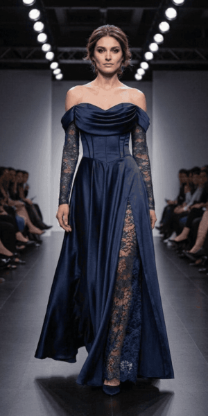 Robe de soirée longue en satin et dentelle bleue marine chez Keya mariage Mulhouse