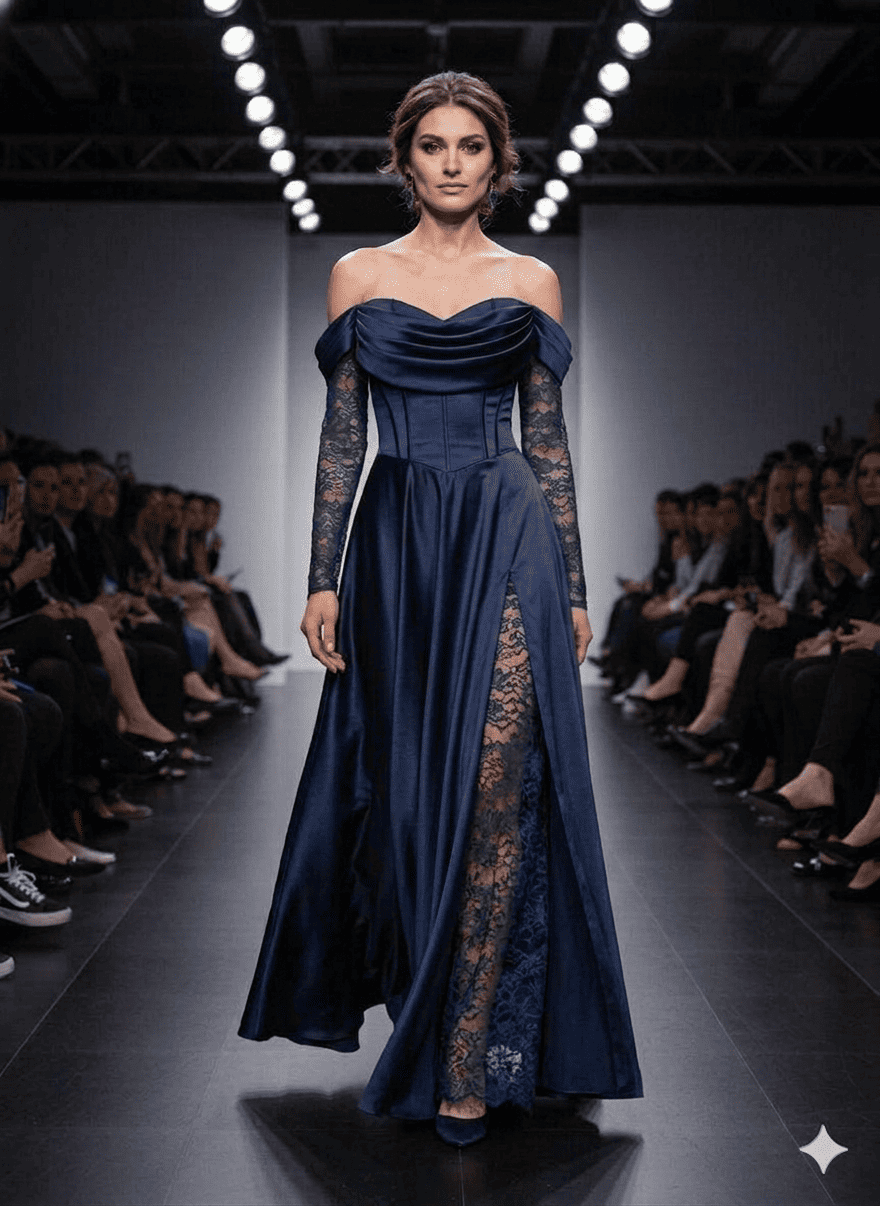 Robe de soirée longue en satin et dentelle bleue marine chez Keya mariage Mulhouse