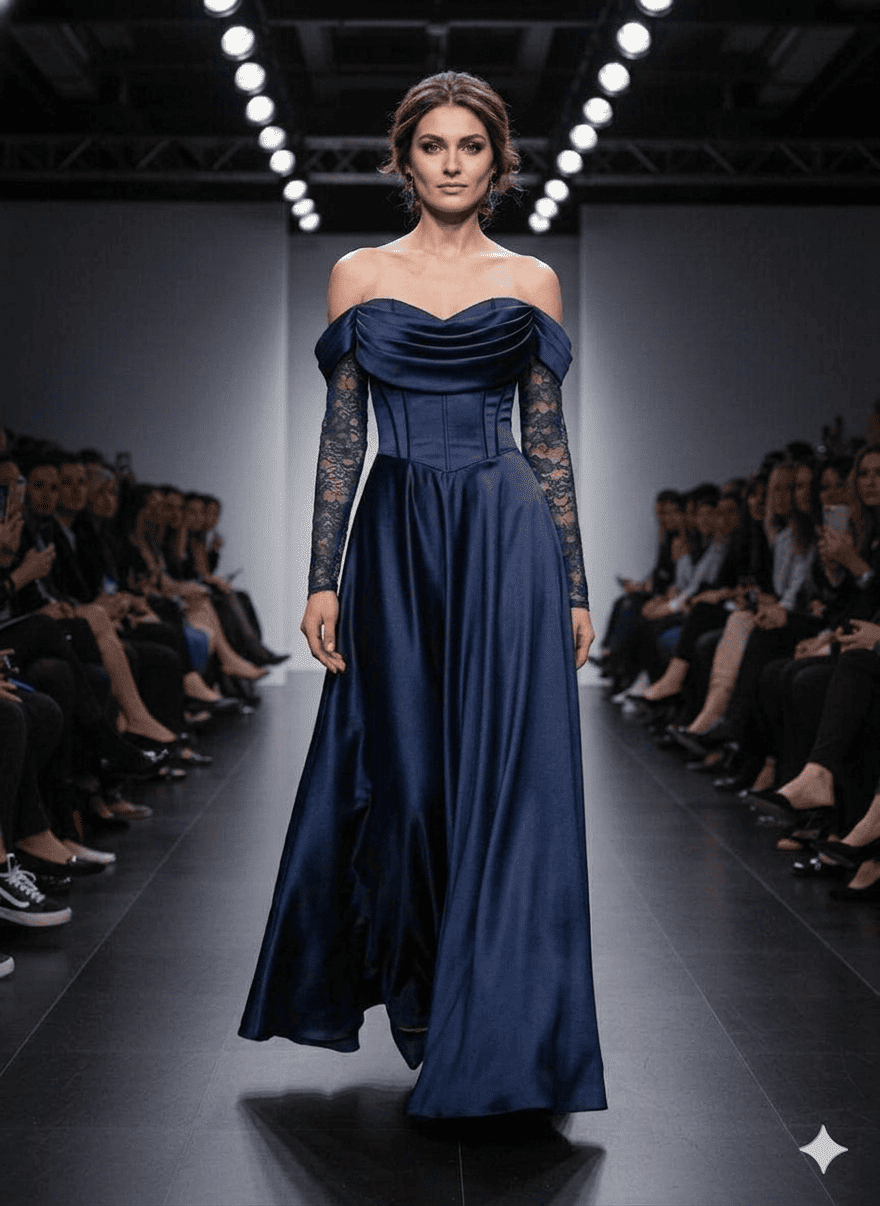 Robe de soirée longue en satin et dentelle bleue marine chez Keya mariage Mulhouse