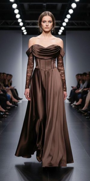Robe de soirée longue en satin et dentelle chocolat chez Keya Mariage Mulhouse.