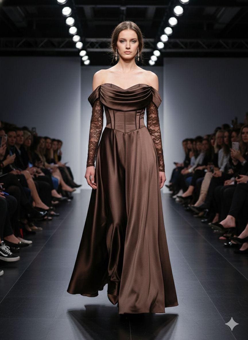 Robe de soirée longue en satin et dentelle chocolat chez Keya Mariage Mulhouse.