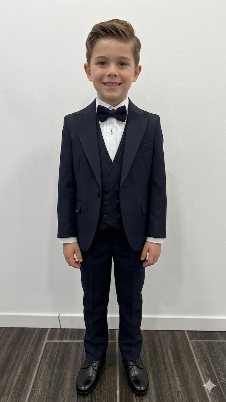 Enfant portant un costume de cérémonie 5 pièces bleu marine, vue de face.