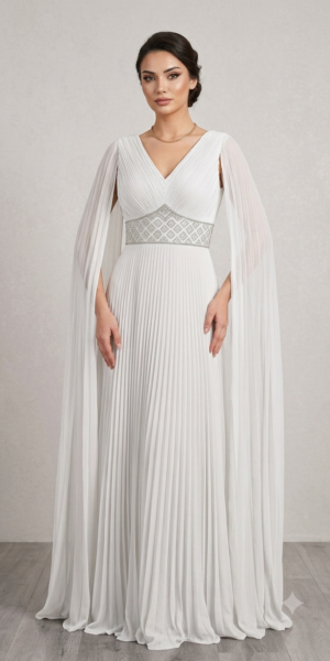 Robe de soirée plissée à ceinture ornementée - blanche chez Keya mariage Mulhouse