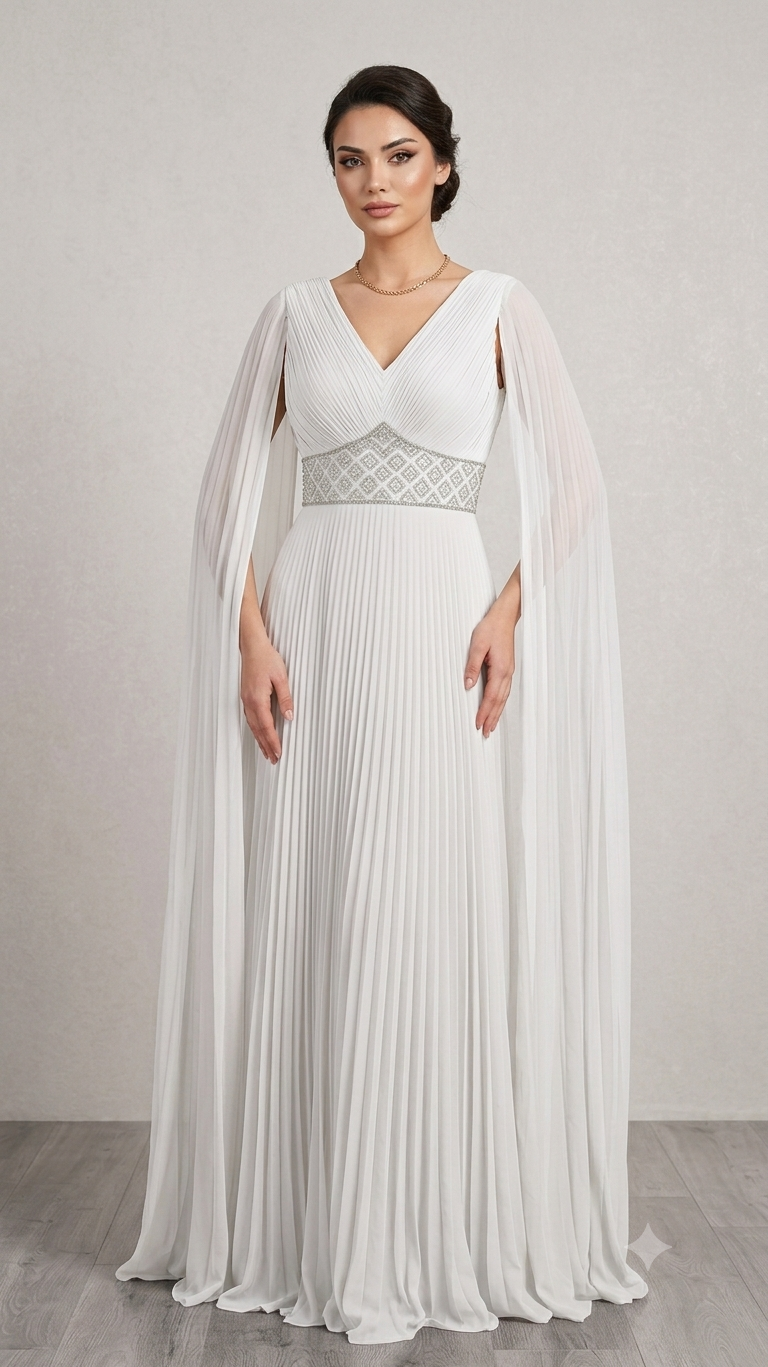 Robe de soirée plissée à ceinture ornementée - blanche chez Keya mariage Mulhouse