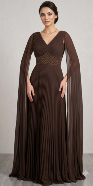 Robe de soirée plissée à ceinture ornementée - Chocolat chez Keya mariage Mulhouse