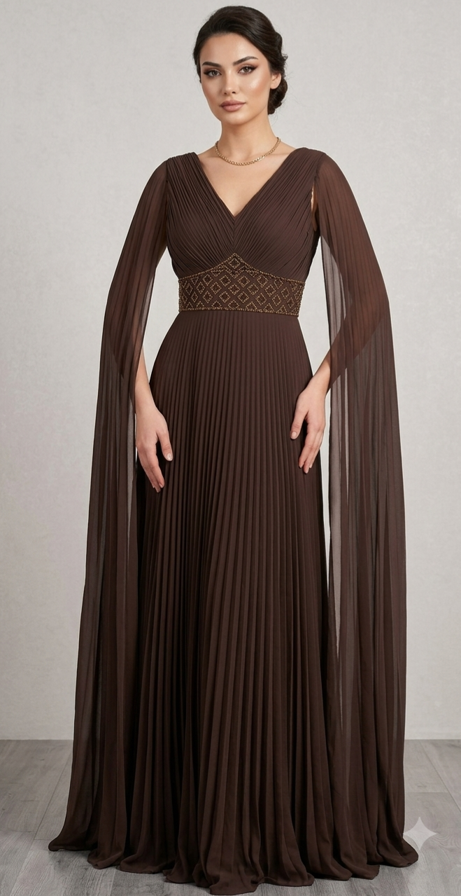 Robe de soirée plissée à ceinture ornementée - Chocolat chez Keya mariage Mulhouse