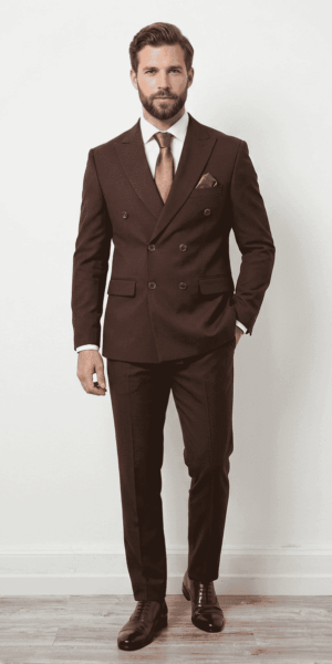 Costume de mariage homme croisé marron avec cravate et pochette assorties, porté par un mannequin.