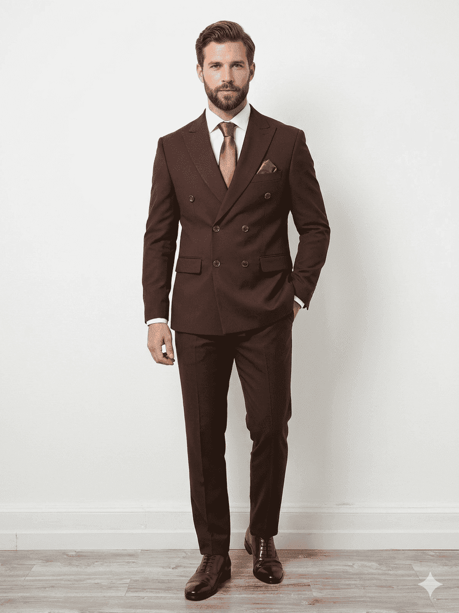 Costume de mariage homme croisé marron avec cravate et pochette assorties, porté par un mannequin.