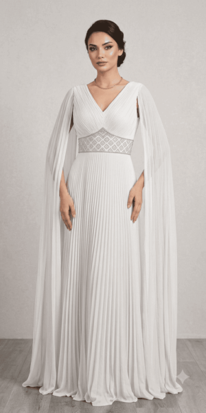 Robe de soirée longue plissée blanche avec ceinture ornementée, style élégant.