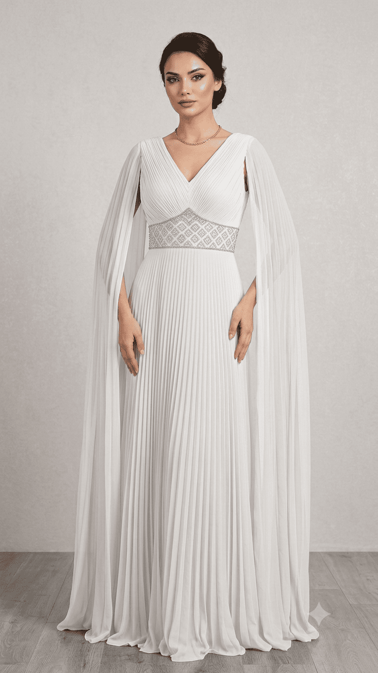 Robe de soirée longue plissée blanche avec ceinture ornementée, style élégant.