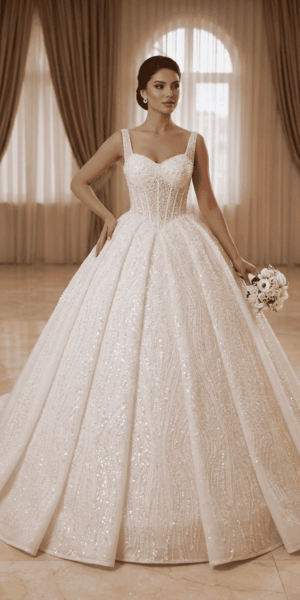 La mariée portant la robe Princesse Scintillante 'La Majestueuse', avec son bustier perlé et sa jupe volumineuse majestueuse