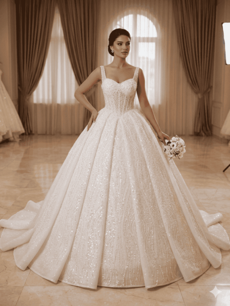 La mariée portant la robe Princesse Scintillante 'La Majestueuse', avec son bustier perlé et sa jupe volumineuse majestueuse