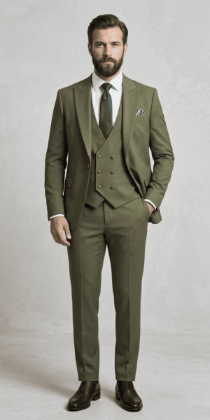 Modèle portant le costume 3 pièces vert olive Keya Mariage