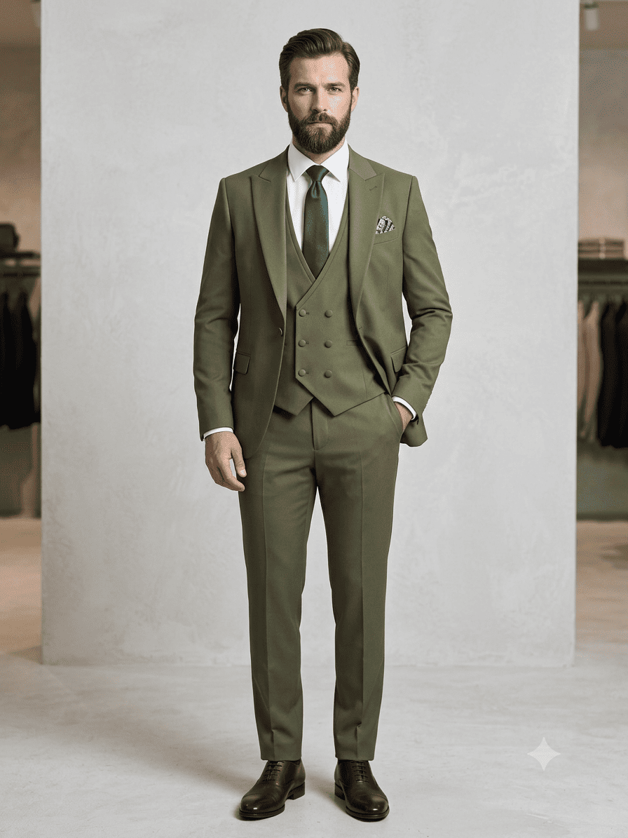 Modèle portant le costume 3 pièces vert olive Keya Mariage