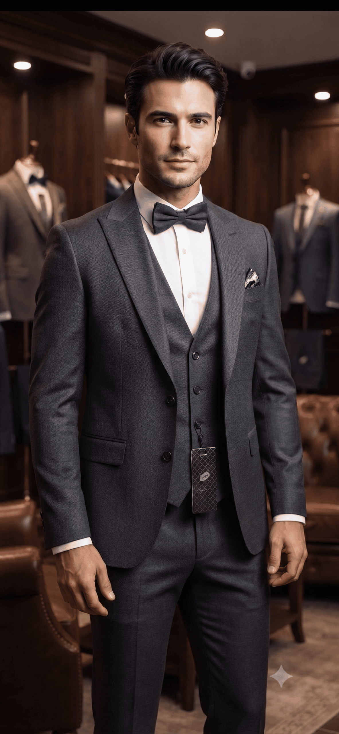 s plan sur un homme en costume quatre-pièces gris anthracite avec nœud papillon et pochette, style mariage chic chez Keya