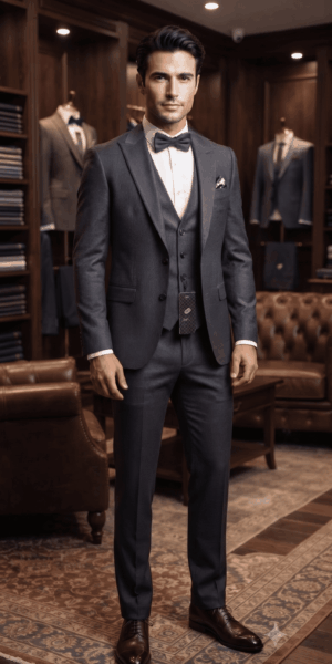 Photo en pied d'un homme élégant portant un costume quatre-pièces gris anthracite avec chaussures en cuir marron dans le showroom Keya Mariage
