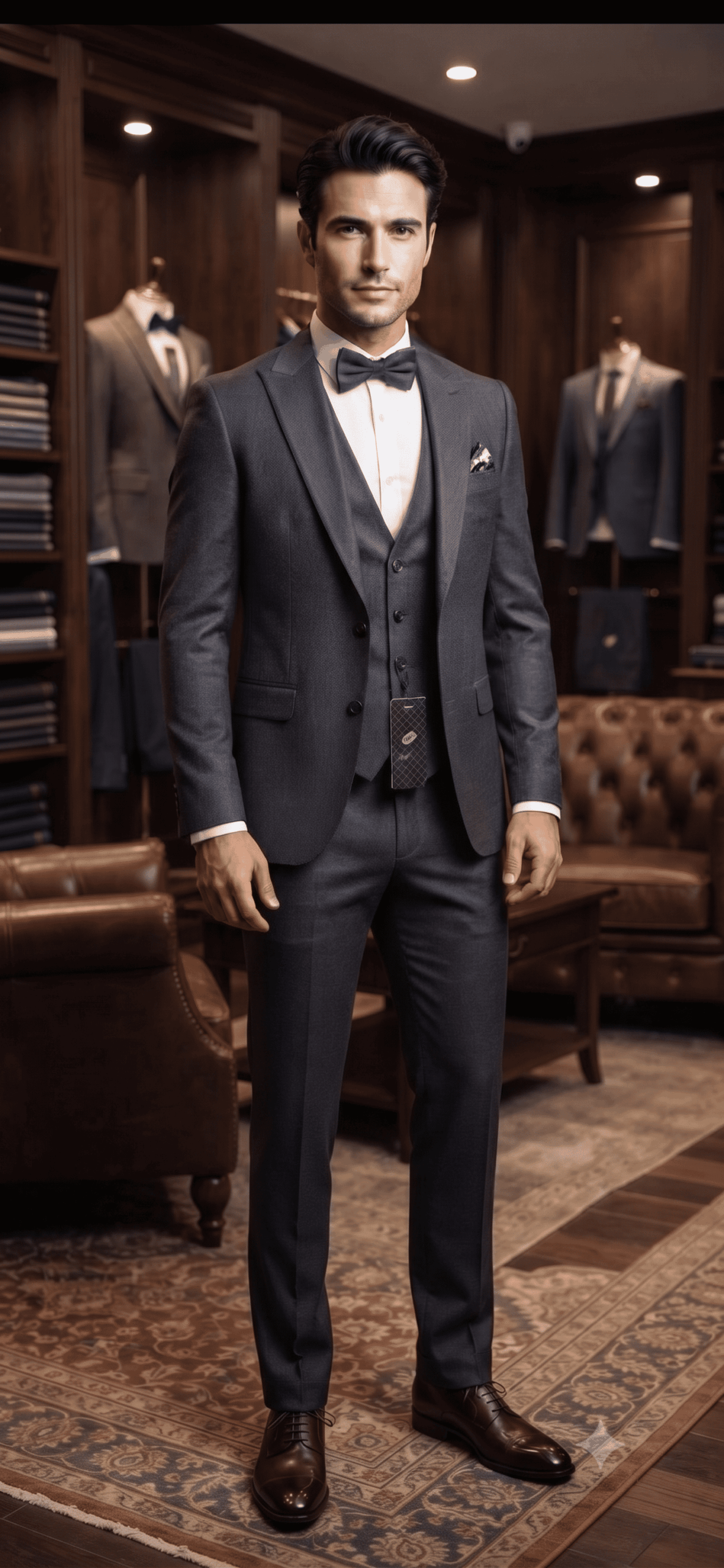 Photo en pied d'un homme élégant portant un costume quatre-pièces gris anthracite avec chaussures en cuir marron dans le showroom Keya Mariage