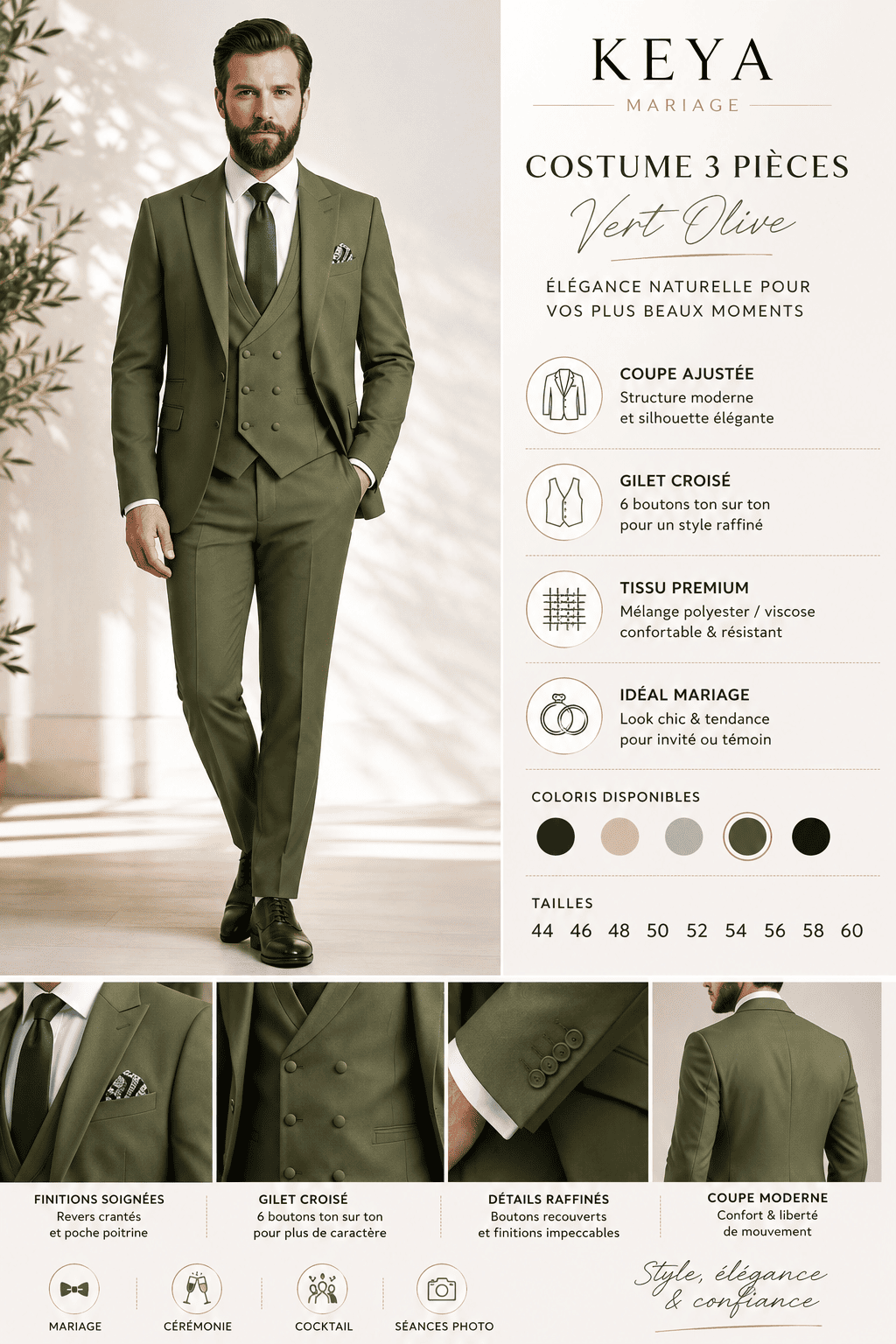 Costume homme 3 pièces vert olive avec gilet croisé et coupe ajustée