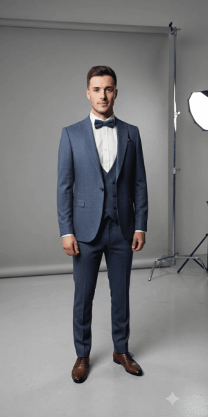 Homme portant un costume 4 pièces bleu chiné avec chaussures marron, style moderne et élégant pour mariage - Keya Mariage