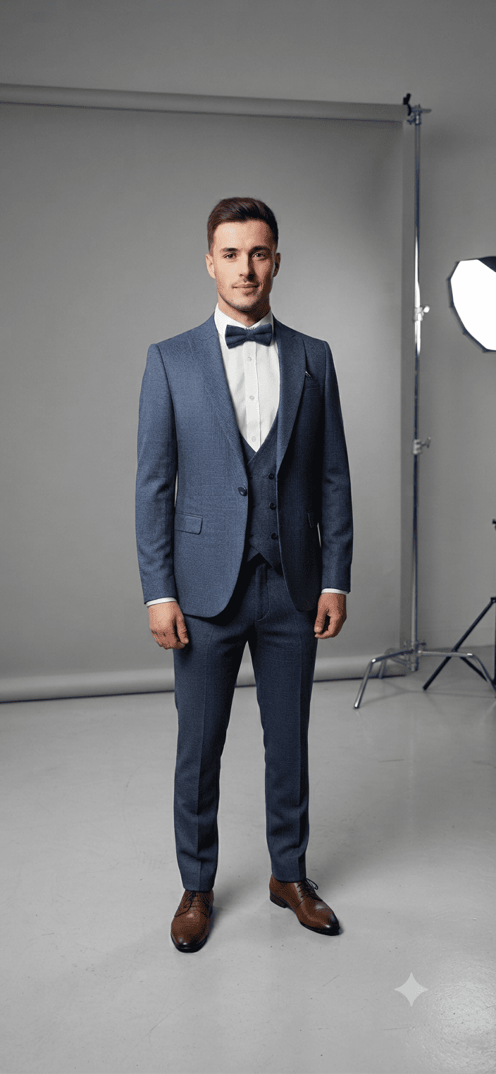 Homme portant un costume 4 pièces bleu chiné avec chaussures marron, style moderne et élégant pour mariage - Keya Mariage