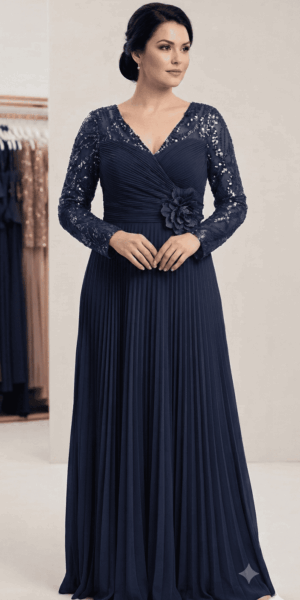 Mannequin portant une robe de soirée grande taille plissée couleur bleu marine, avec un décolleté en V, des manches longues transparentes ornées de sequins et une fleur décorative à la taille