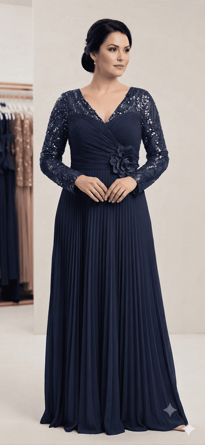 Mannequin portant une robe de soirée grande taille plissée couleur bleu marine, avec un décolleté en V, des manches longues transparentes ornées de sequins et une fleur décorative à la taille
