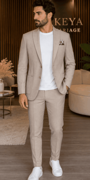 Homme portant un costume 2 pièces beige texturé KEYA avec un t-shirt blanc et des baskets, dans un showroom élégant.