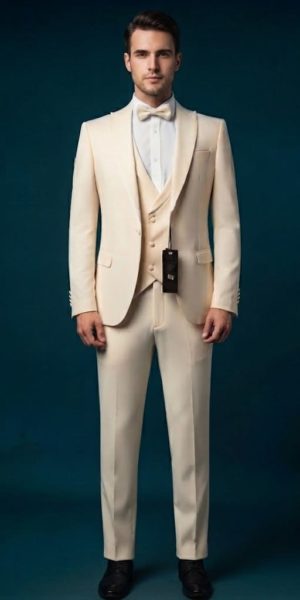 Homme portant un élégant costume de mariage beige clair quatre pièces avec chemise blanche et chaussures noires pour la cérémonie.