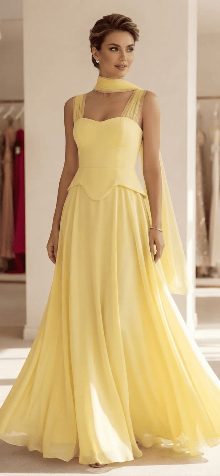 Robe de soirée longue jaune pastel en mousseline fluide avec bustier structuré, bretelles en tulle et écharpe assortie - Keya Mariage